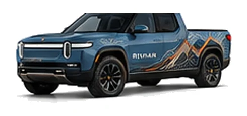 Rivian R1T in Rivian Blue with custom vinyl graphics, front three-quarter view.
