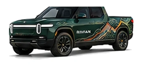 Rivian R1T in Forest Green with electric adventure vinyl graphics, front three-quarter view on a white background.