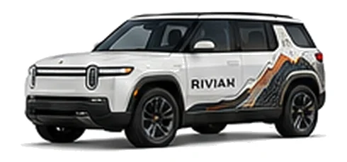 Rivian R2 in Glacier White with custom vinyl graphics, front three-quarter view.