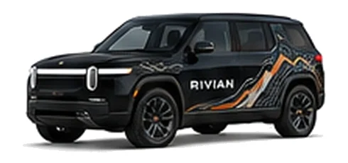 Rivian R2 in Midnight with custom vinyl graphics, front three-quarter view.