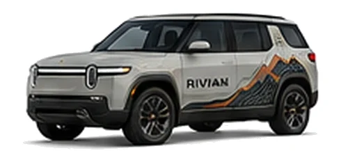Rivian R2 in Limestone with custom vinyl graphics, front three-quarter view.