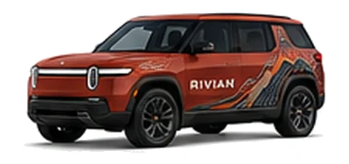 Rivian R2 in Red Canyon with custom vinyl graphics, front three-quarter view.