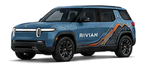 Rivian R2 in Rivian Blue with custom vinyl graphics, front three-quarter view.