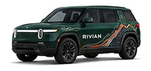 Rivian R2 in Forest Green with custom vinyl graphics, front three-quarter view.