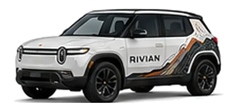 Rivian R3 in Glacier White with custom vinyl graphics, front three-quarter view.