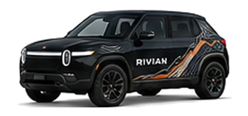 Rivian R3 in Midnight with custom vinyl graphics, front three-quarter view.