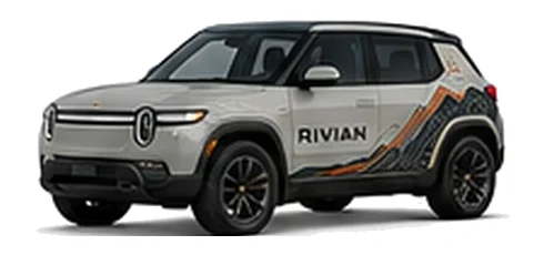 Rivian R3 in Limestone with custom vinyl graphics, front three-quarter view.