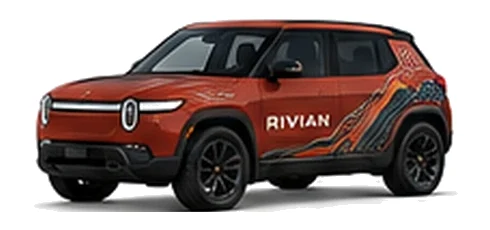 Rivian R3 in Red Canyon with custom vinyl graphics, front three-quarter view.