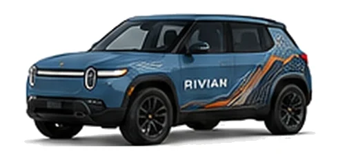 Rivian R3 in Rivian Blue with custom vinyl graphics, front three-quarter view.
