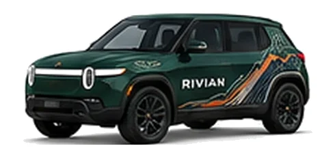 Rivian R3 in Forest Green with custom vinyl graphics, front three-quarter view.