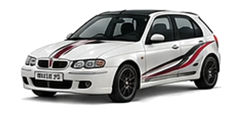 Rover Rover 200 in Old English White with custom vinyl graphics, front three-quarter view.