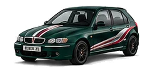 Rover Rover 200 in British Racing Green with custom vinyl graphics, front three-quarter view.