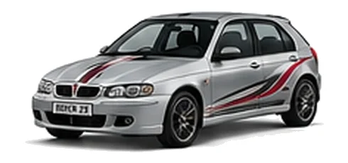 Rover Rover 200 in Starlight Silver with custom vinyl graphics, front three-quarter view.