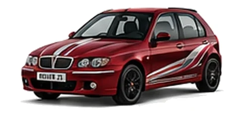 Rover Rover 25 in Nightfire Red with custom vinyl graphics, front three-quarter view.