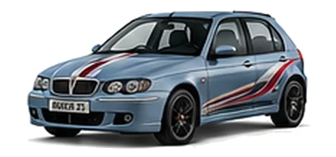 Rover Rover 25 in Wedgwood Blue with custom vinyl graphics, front three-quarter view.