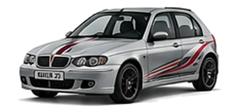 Rover Rover 25 in Starlight Silver with custom vinyl graphics, front three-quarter view.
