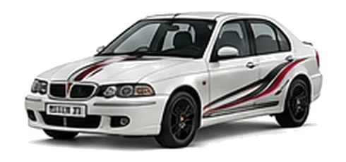 Rover Rover 45 in Old English White with custom vinyl graphics, front three-quarter view.