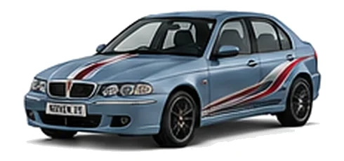 Rover Rover 45 in Wedgwood Blue with custom vinyl graphics, front three-quarter view.