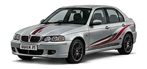 Rover Rover 45 in Starlight Silver with custom vinyl graphics, front three-quarter view.