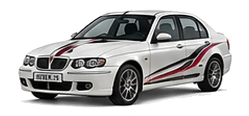 Rover Rover 75 in Old English White with custom vinyl graphics, front three-quarter view.