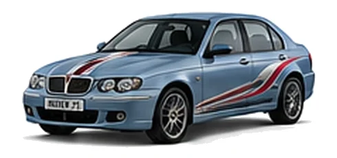 Rover Rover 75 in Wedgwood Blue with custom vinyl graphics, front three-quarter view.