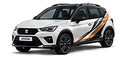 SEAT Arona in Nevada White with angular copper, white and black vinyl side graphics, front three-quarter view on a white background.