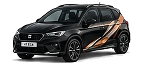 SEAT Arona in Midnight Black with angular copper, white and black vinyl side graphics, front three-quarter view on a white background.