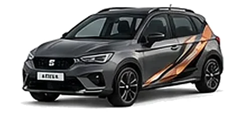 SEAT Arona in Magnetic Grey with angular copper, white and black vinyl side graphics, front three-quarter view on a white background.