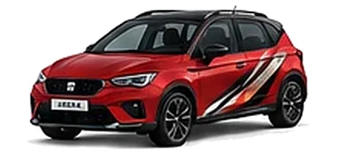 SEAT Arona in Desire Red with angular copper, white and black vinyl side graphics, front three-quarter view on a white background.