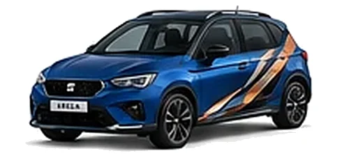 SEAT Arona in Sapphire Blue with angular copper, white and black vinyl side graphics, front three-quarter view on a white background.