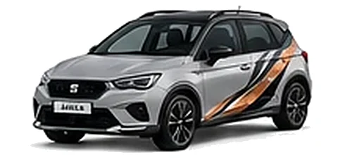 SEAT Arona in Urban Silver with angular copper, white and black vinyl side graphics, front three-quarter view on a white background.