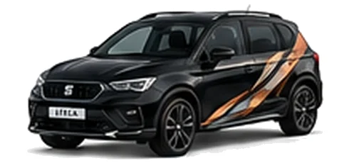 SEAT Ateca in Midnight Black with angular copper, white and black vinyl side graphics, front three-quarter view on a white background.