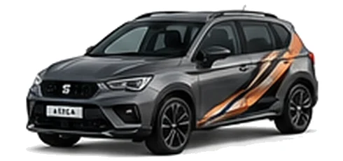SEAT Ateca in Magnetic Grey with angular copper, white and black vinyl side graphics, front three-quarter view on a white background.