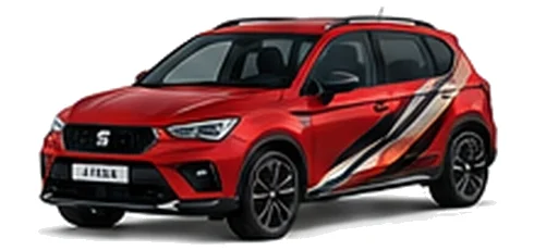 SEAT Ateca in Desire Red with angular copper, white and black vinyl side graphics, front three-quarter view on a white background.