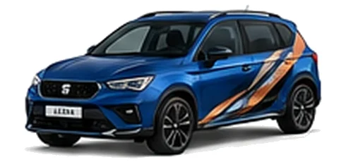 SEAT Ateca in Sapphire Blue with angular copper, white and black vinyl side graphics, front three-quarter view on a white background.