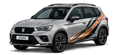 SEAT Ateca in Urban Silver with angular copper, white and black vinyl side graphics, front three-quarter view on a white background.