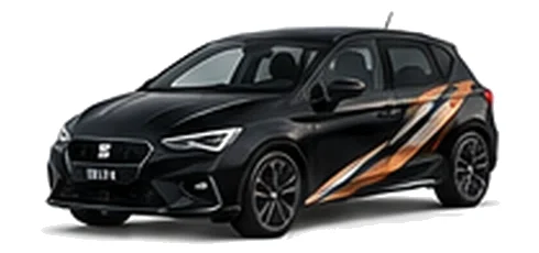 SEAT Ibiza in Midnight Black with angular copper, white and black vinyl side graphics, front three-quarter view on a white background.