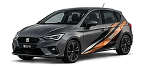 SEAT Ibiza in Magnetic Grey with angular copper, white and black vinyl side graphics, front three-quarter view on a white background.