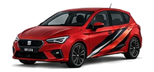 SEAT Ibiza in Desire Red with angular copper, white and black vinyl side graphics, front three-quarter view on a white background.