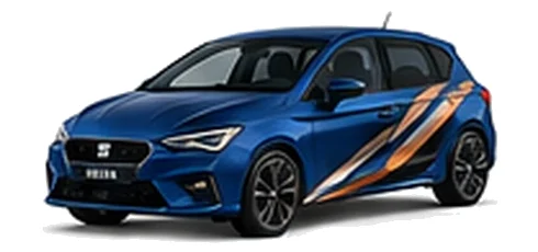 SEAT Ibiza in Sapphire Blue with angular copper, white and black vinyl side graphics, front three-quarter view on a white background.