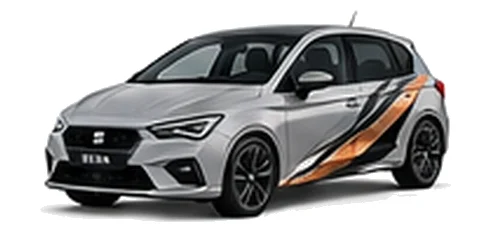 SEAT Ibiza in Urban Silver with angular copper, white and black vinyl side graphics, front three-quarter view on a white background.