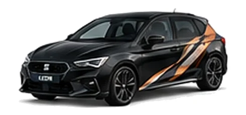 SEAT Leon in Midnight Black with angular copper, white and black vinyl side graphics, front three-quarter view on a white background.