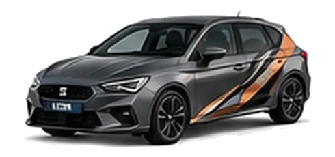 SEAT Leon in Magnetic Grey with angular copper, white and black vinyl side graphics, front three-quarter view on a white background.