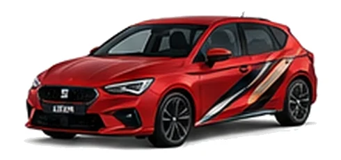 SEAT Leon in Desire Red with angular copper, white and black vinyl side graphics, front three-quarter view on a white background.