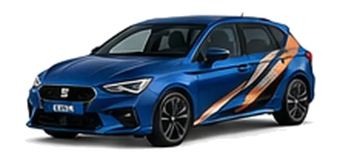 SEAT Leon in Sapphire Blue with angular copper, white and black vinyl side graphics, front three-quarter view on a white background.