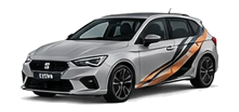 SEAT Leon in Urban Silver with angular copper, white and black vinyl side graphics, front three-quarter view on a white background.