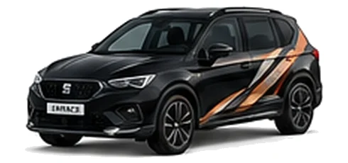 SEAT Tarraco in Midnight Black with angular copper, white and black vinyl side graphics, front three-quarter view on a white background.