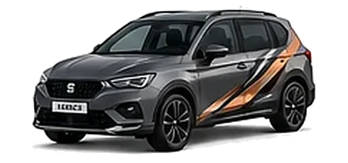 SEAT Tarraco in Magnetic Grey with angular copper, white and black vinyl side graphics, front three-quarter view on a white background.