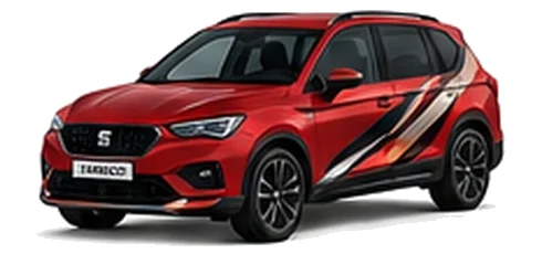 SEAT Tarraco in Desire Red with angular copper, white and black vinyl side graphics, front three-quarter view on a white background.