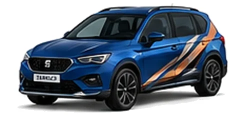 SEAT Tarraco in Sapphire Blue with angular copper, white and black vinyl side graphics, front three-quarter view on a white background.